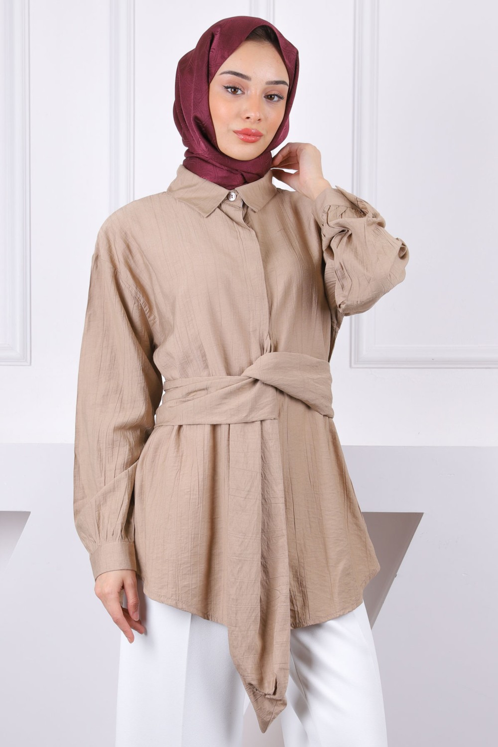 İmaj Butik Mavi Bel Kuşaklı Modal Gömlek