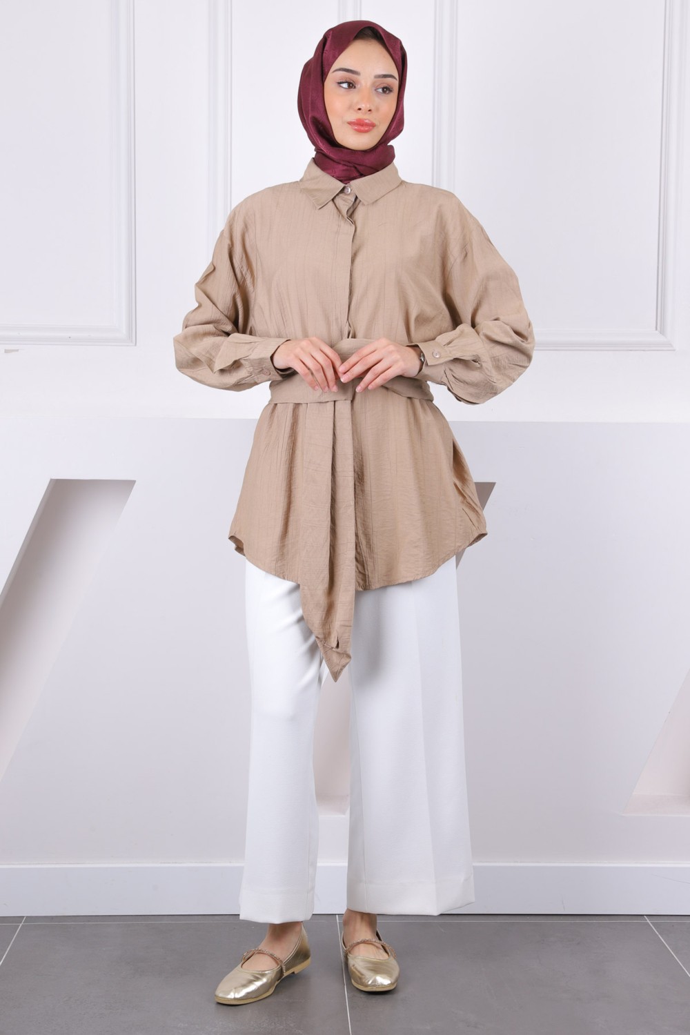 İmaj Butik Mavi Bel Kuşaklı Modal Gömlek görsel 3