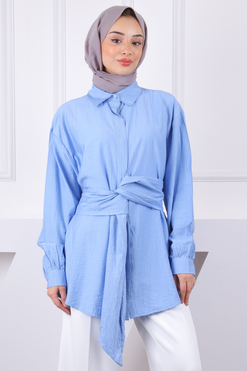 İmaj Butik Mavi Bel Kuşaklı Modal Gömlek görsel 5