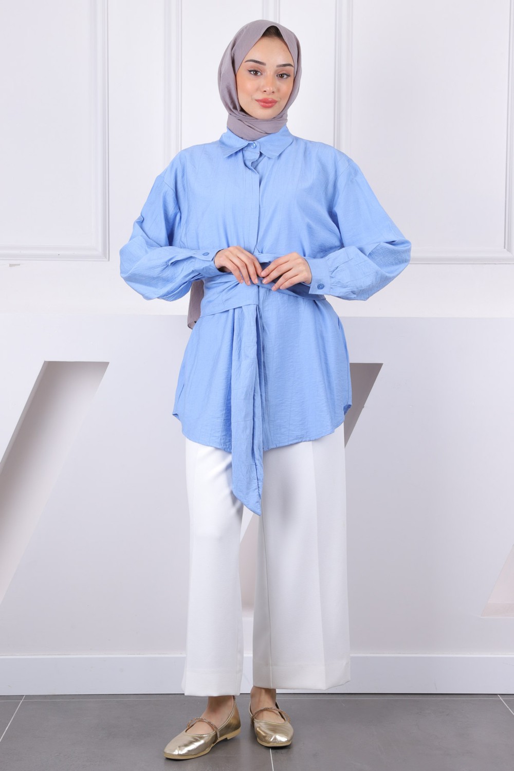 İmaj Butik Mavi Bel Kuşaklı Modal Gömlek görsel 7