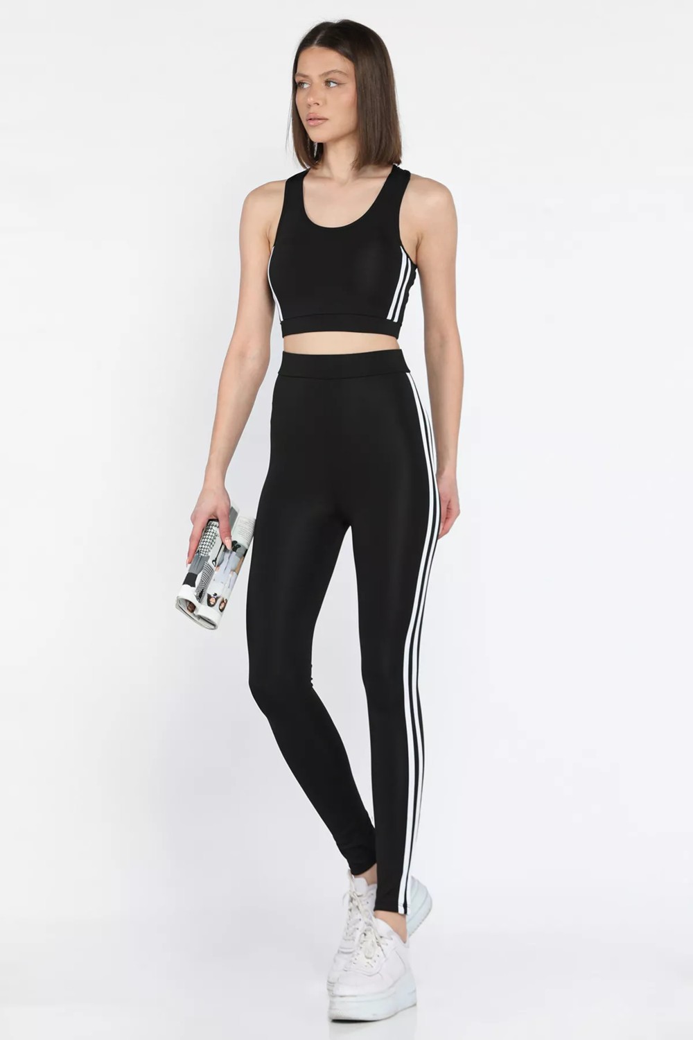Gülseli Kadın Şerit Detaylı Yüksek Bel Sporcu Tayt Crop Büstiyer Ikili Takım