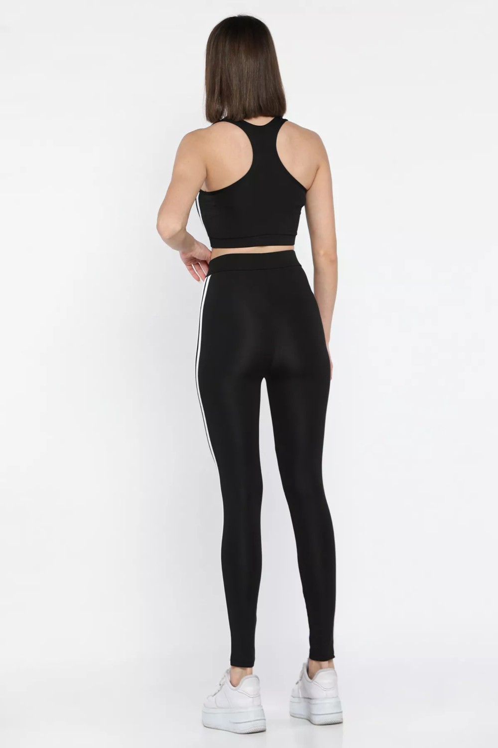 Gülseli Kadın Şerit Detaylı Yüksek Bel Sporcu Tayt Crop Büstiyer Ikili Takım görsel 3