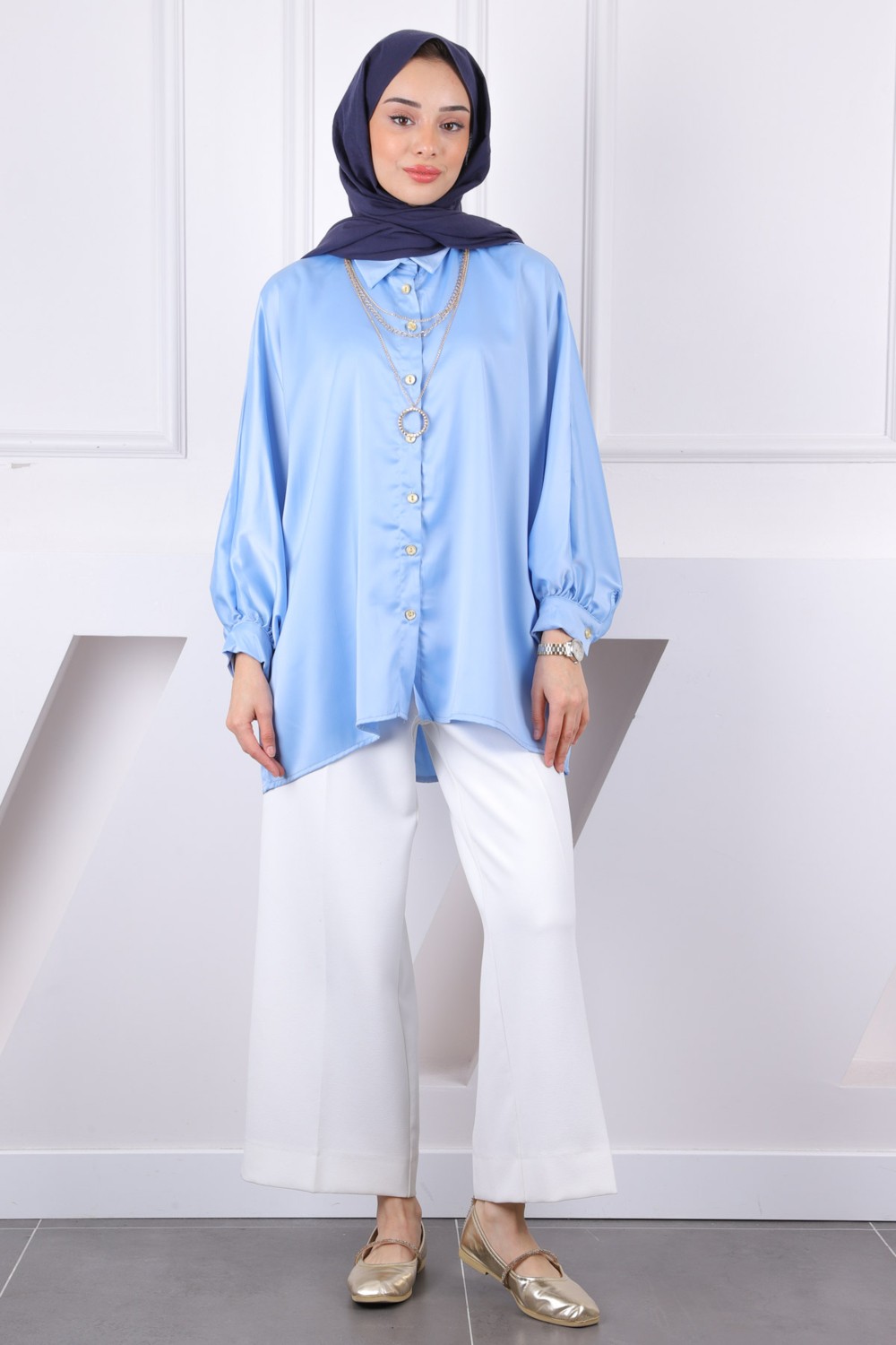 İmaj Butik Bebe Mavi Kolyeli Oversize Saten Gömlek görsel 6