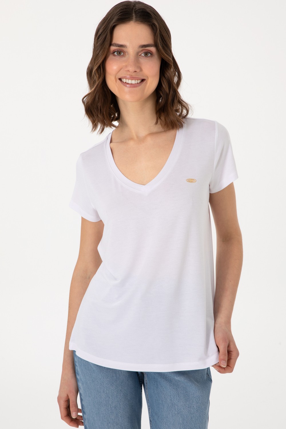 U.S. Polo Assn. Kadın Beyaz V Yaka Basic Tişört 50300829-VR013 görsel 3