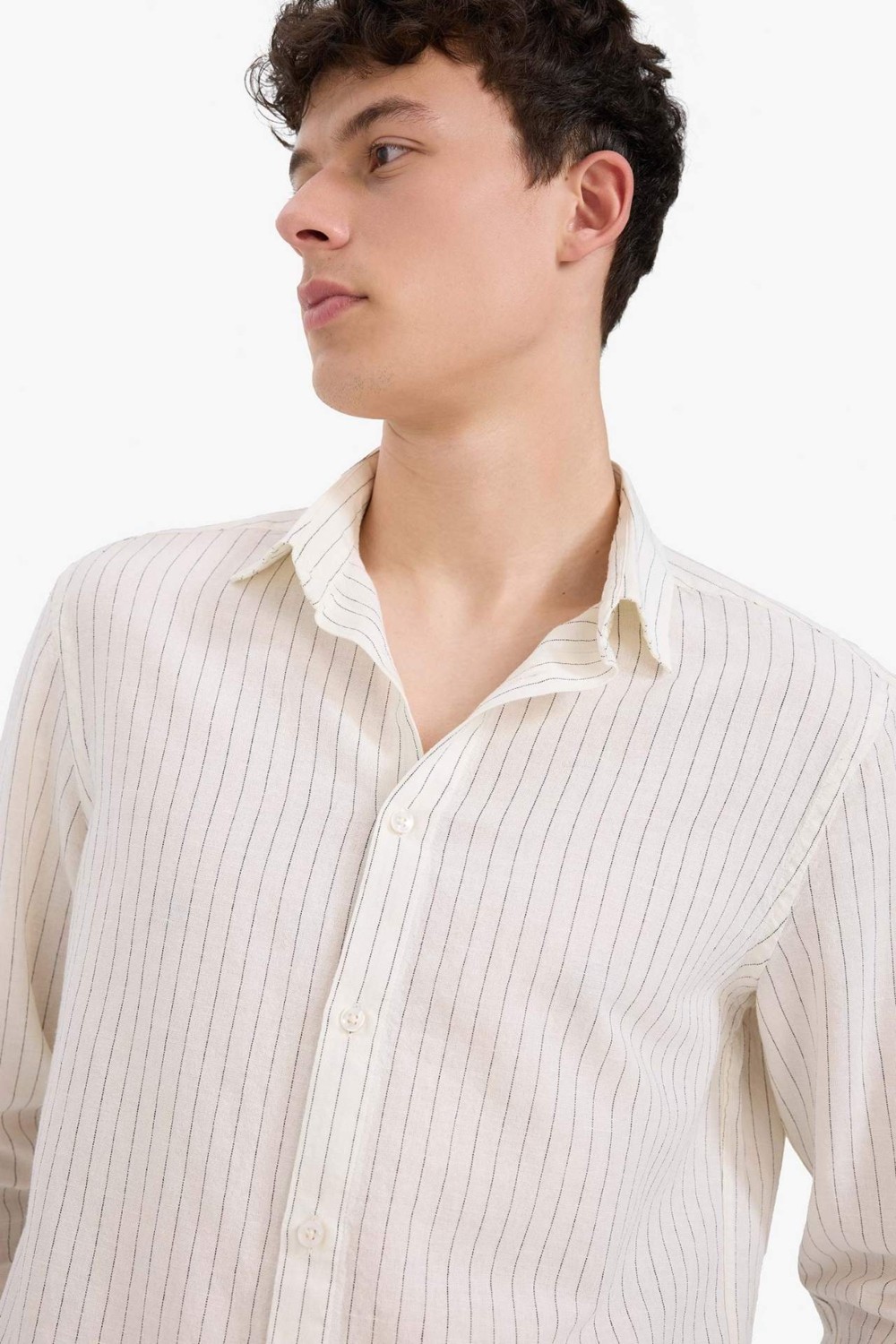 DeFacto Regular Fit Polo Yaka Çizgili Keten Yazlık Uzun Kollu Gömlek E1730AX25SP görsel 5