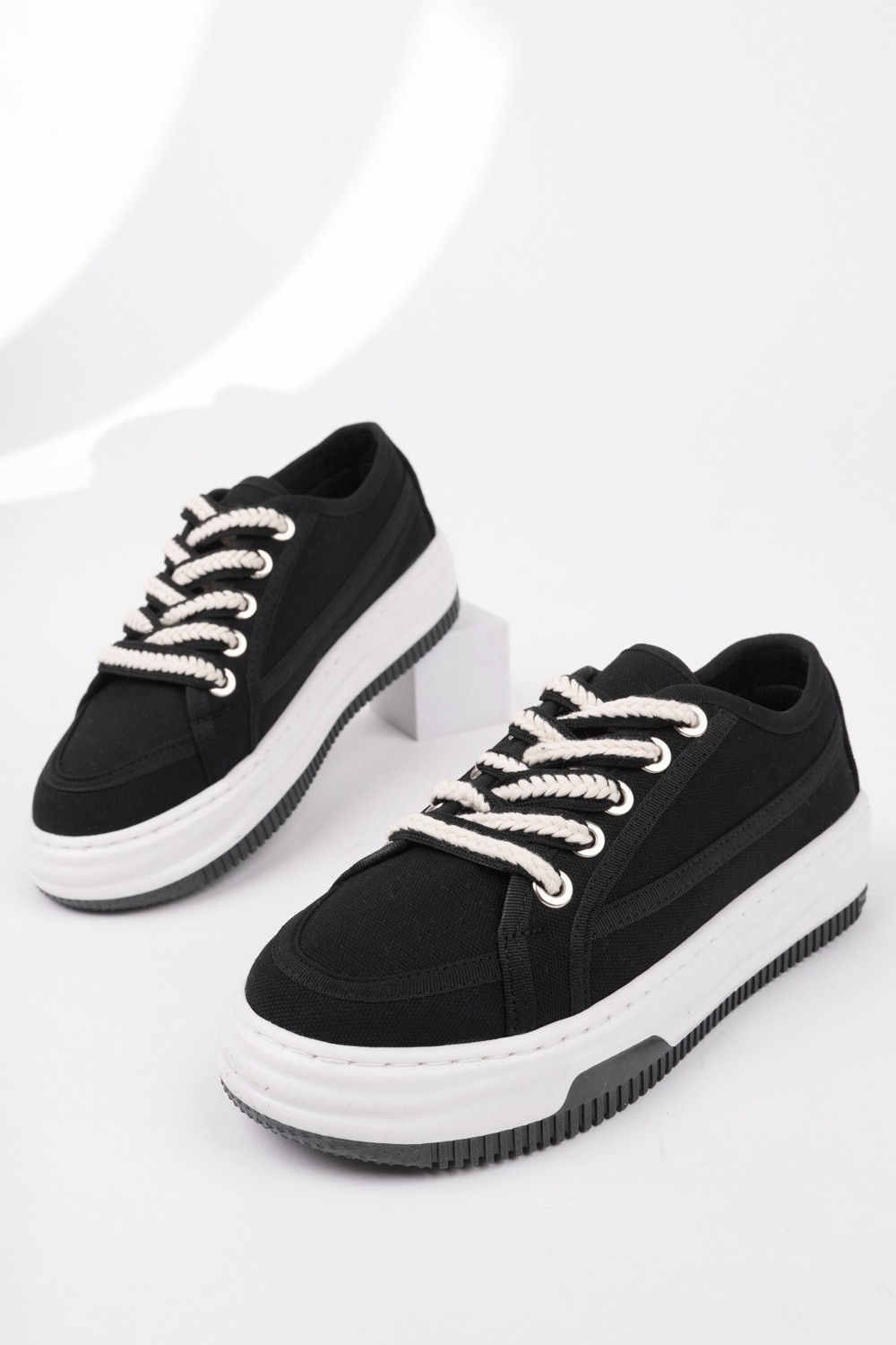 Muggo CARİNA Kalın Taban Keten Kumaş Bağcıklı Kadın Günlük Sneaker Spor Ayakkabı