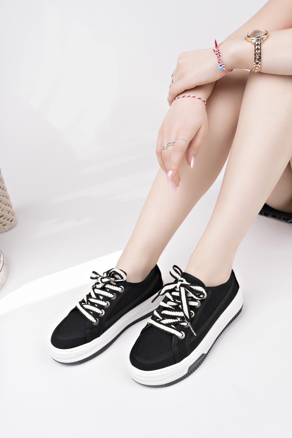Muggo CARİNA Kalın Taban Keten Kumaş Bağcıklı Kadın Günlük Sneaker Spor Ayakkabı görsel 7