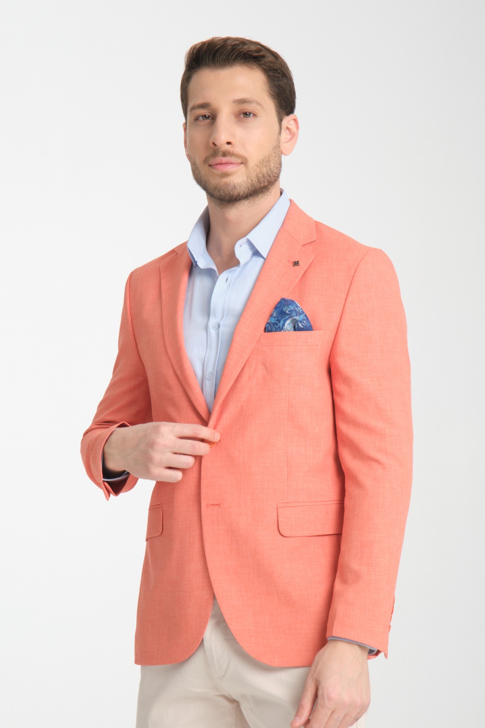 Arunte Erkek Pembe Keten Görünümlü Ince Dört Mevsim Giyilebilir Slim Fit Blazer Ceket görsel 8