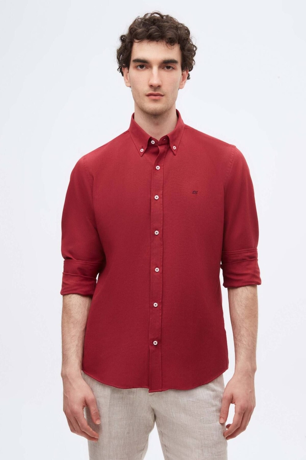 D'S Damat Slim Fit İndigo Oxford Düğmeli Yaka Kolay Ütülenebilir Nakış Detaylı Pamuklu Gömlek 4HC02ORT03265