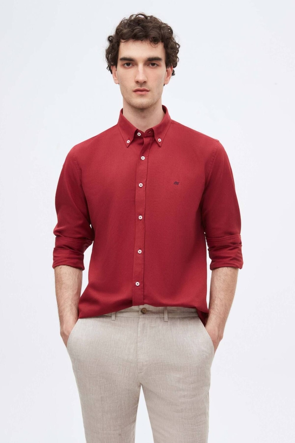 D'S Damat Slim Fit İndigo Oxford Düğmeli Yaka Kolay Ütülenebilir Nakış Detaylı Pamuklu Gömlek 4HC02ORT03265 görsel 2