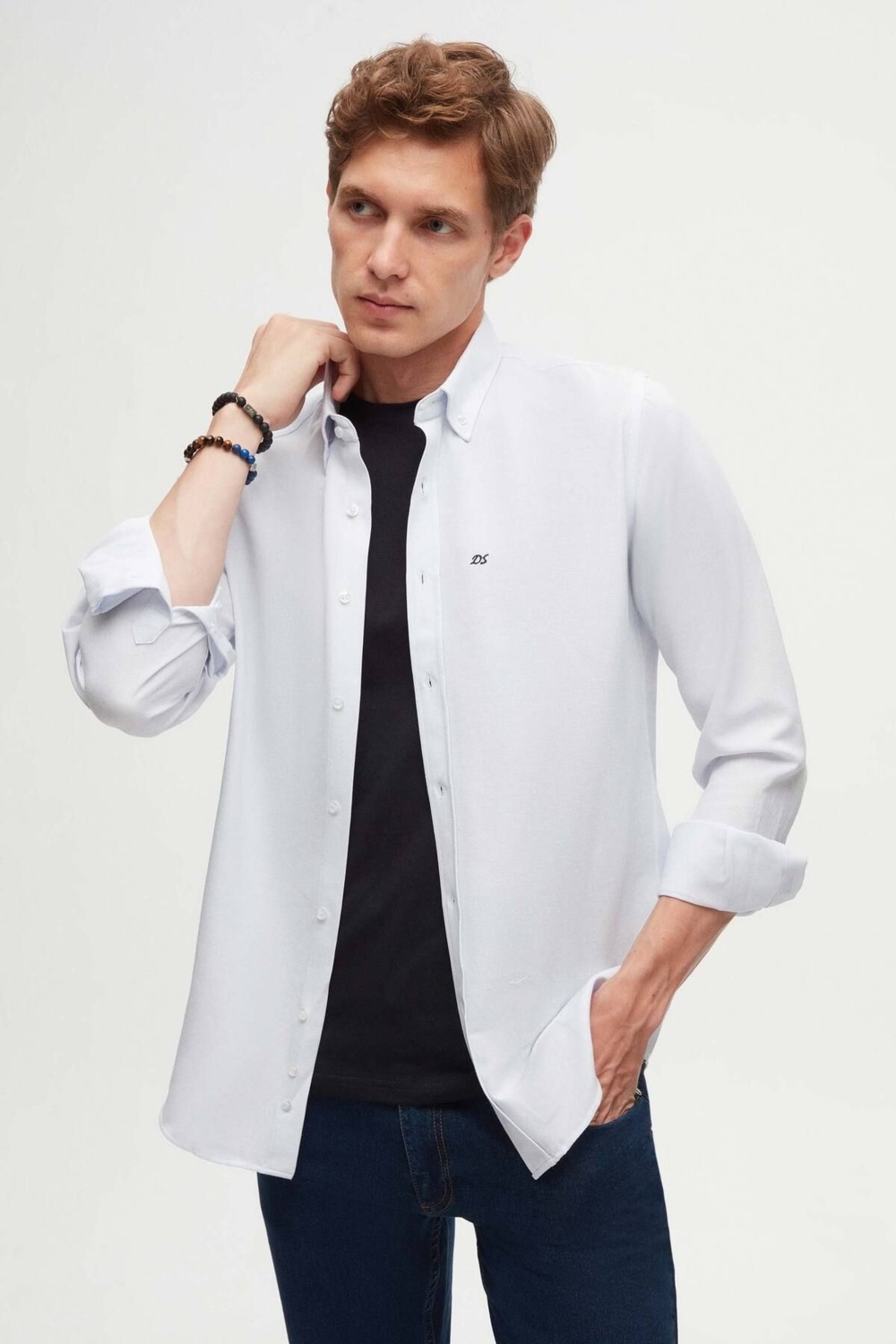 D'S Damat Slim Fit İndigo Oxford Düğmeli Yaka Kolay Ütülenebilir Nakış Detaylı Pamuklu Gömlek 4HC02ORT03265