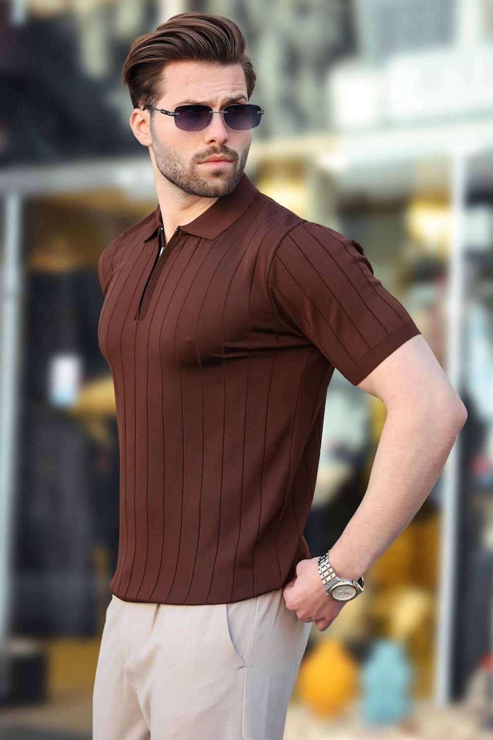 Madmext Beyaz Polo Yaka Fermuarlı Erkek T-Shirt E7298