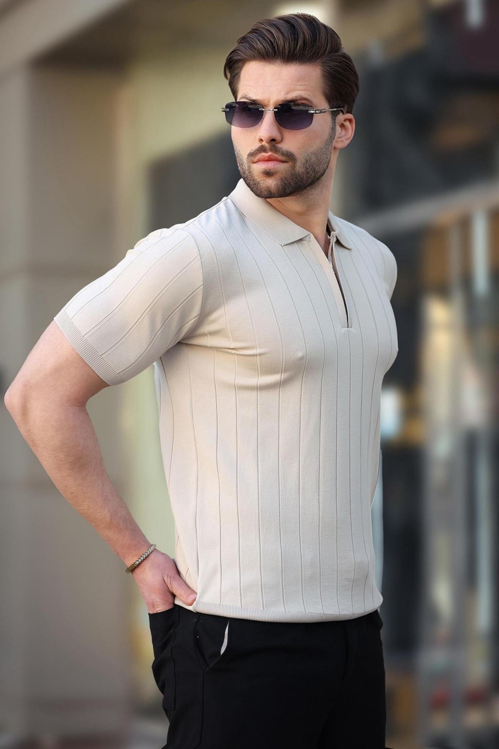 Madmext Beyaz Polo Yaka Fermuarlı Erkek T-Shirt E7298