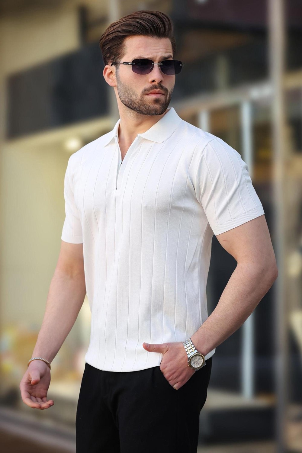 Madmext Beyaz Polo Yaka Fermuarlı Erkek T-Shirt E7298