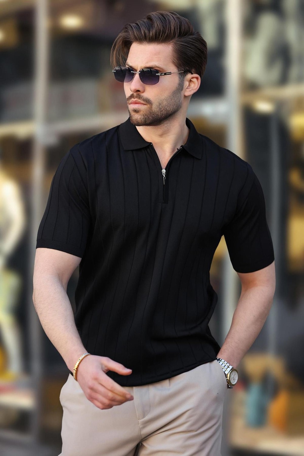 Madmext Beyaz Polo Yaka Fermuarlı Erkek T-Shirt E7298