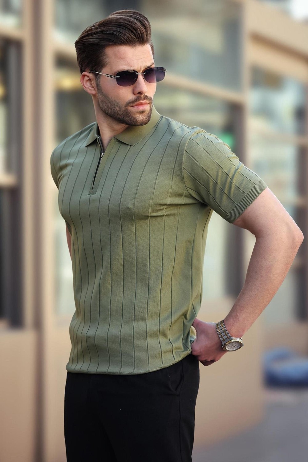 Madmext Beyaz Polo Yaka Fermuarlı Erkek T-Shirt E7298