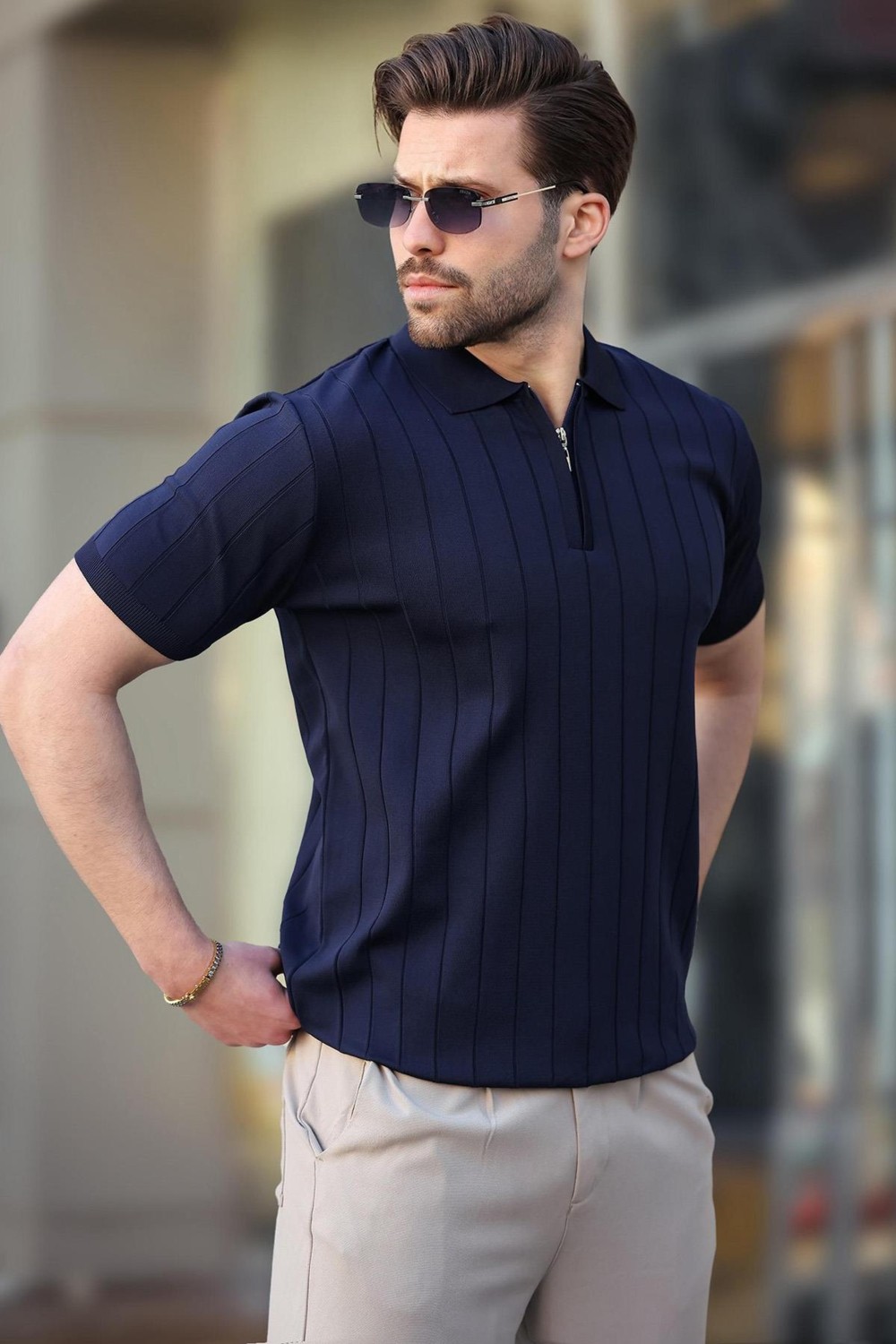 Madmext Beyaz Polo Yaka Fermuarlı Erkek T-Shirt E7298