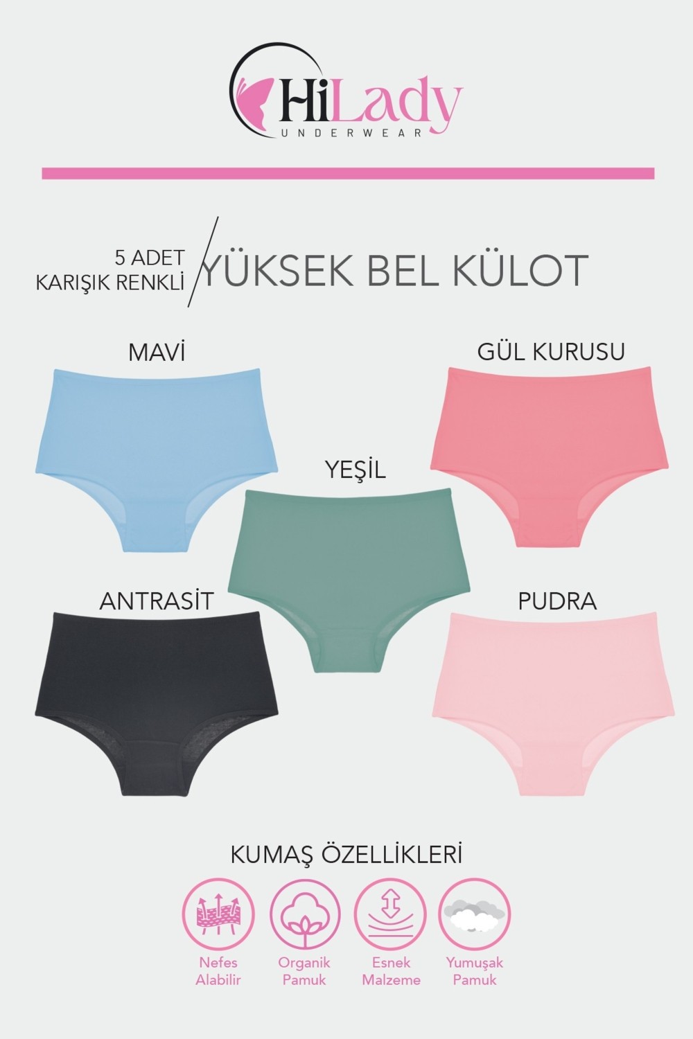 Hilady Kadın Külot Likralı Pamuklu 5'li Yüksek Bel Külot Koyu Soft görsel 5