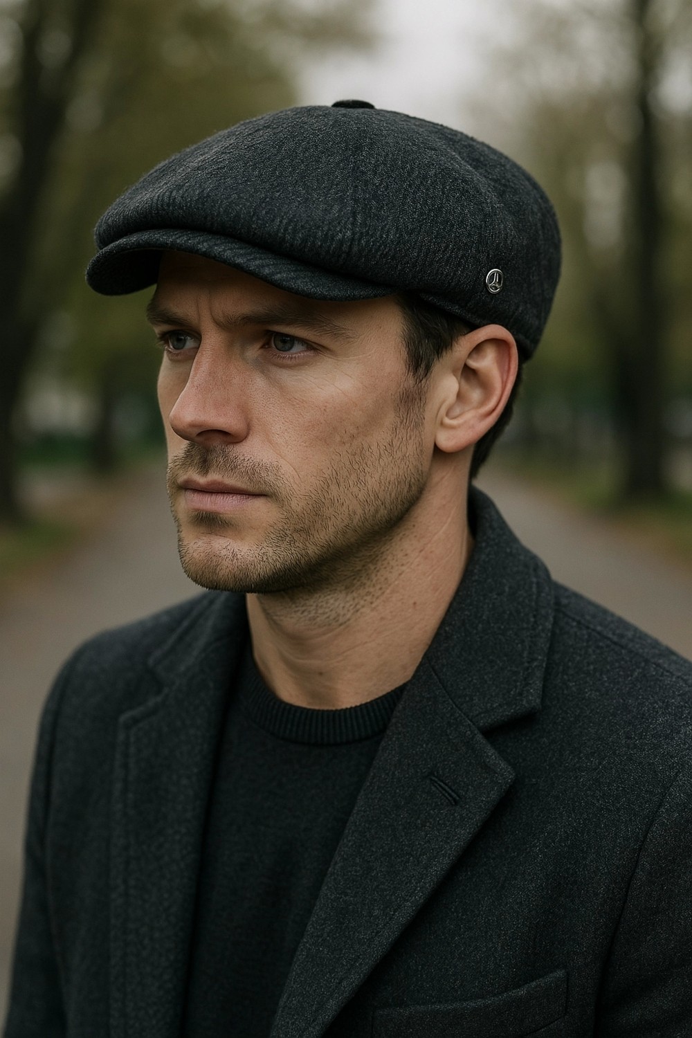 Karnas Şapka Koyu Gri Siyah Çizgili Yünlü Kaşe Kışlık Kumaş Tommy Shelby Kasket Şapka (Terletmez Saten Astar) görsel 2