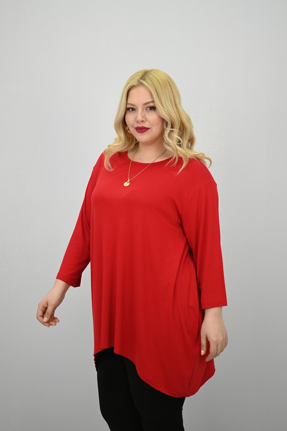 Moda Xlarge Kadın Büyük Beden Truvakar Kol Asimetrik Kesim Tunik 1964-25 görsel 2