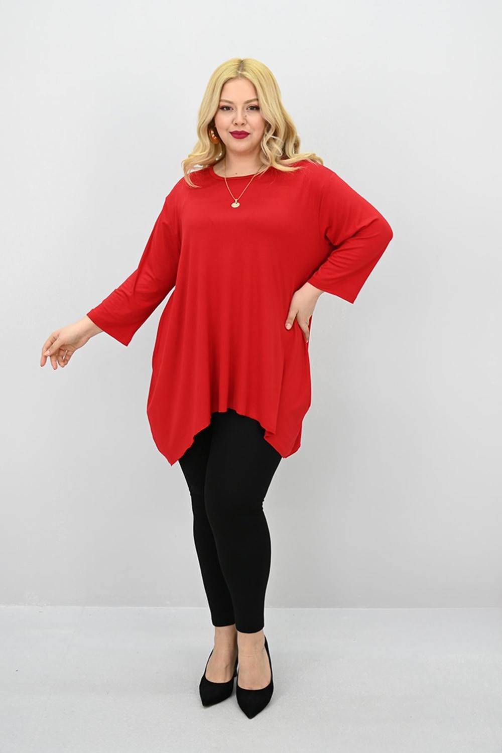 Moda Xlarge Kadın Büyük Beden Truvakar Kol Asimetrik Kesim Tunik 1964-25 görsel 3