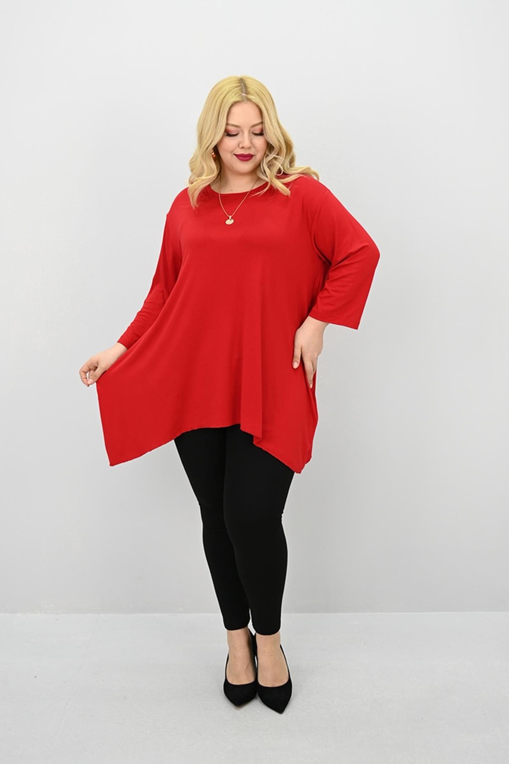 Moda Xlarge Kadın Büyük Beden Truvakar Kol Asimetrik Kesim Tunik 1964-25 görsel 5