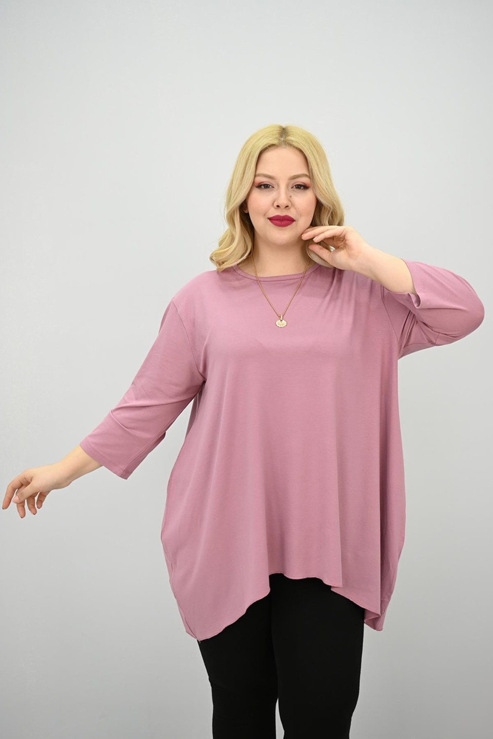 Moda Xlarge Kadın Büyük Beden Truvakar Kol Asimetrik Kesim Tunik 1964-25 görsel 6