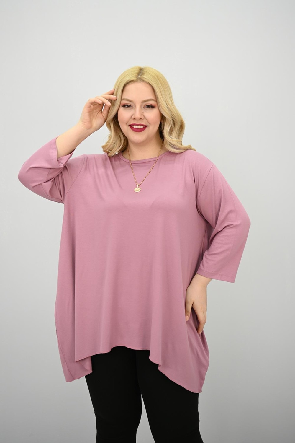 Moda Xlarge Kadın Büyük Beden Truvakar Kol Asimetrik Kesim Tunik 1964-25 görsel 8