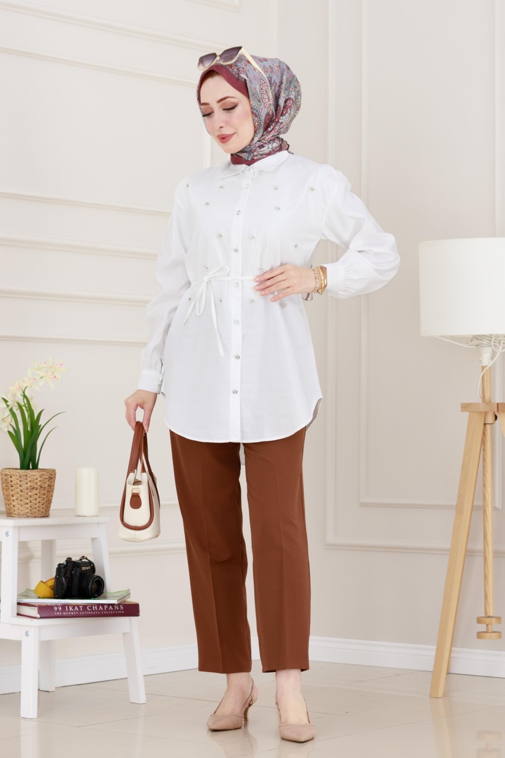 Sevitli Monako Yaka Taşlı Tunik-Bordo görsel 6