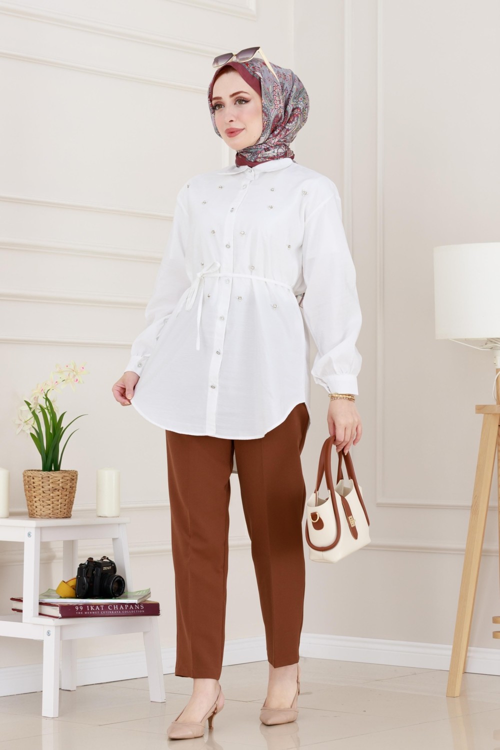 Sevitli Monako Yaka Taşlı Tunik-Bordo görsel 8