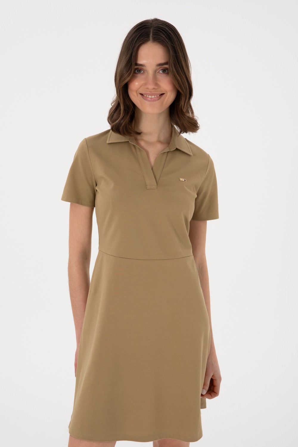 U.S. Polo Assn. Kadın Haki Polo Yaka Mini Boy Örme Elbise 50305854-VR027 görsel 3