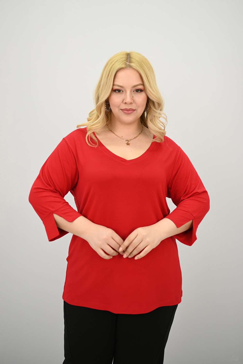 Koza Butik Kadın V Yaka Bantlı Bluz 40-50 Beden Aralığında Modern Kırmızı Renk