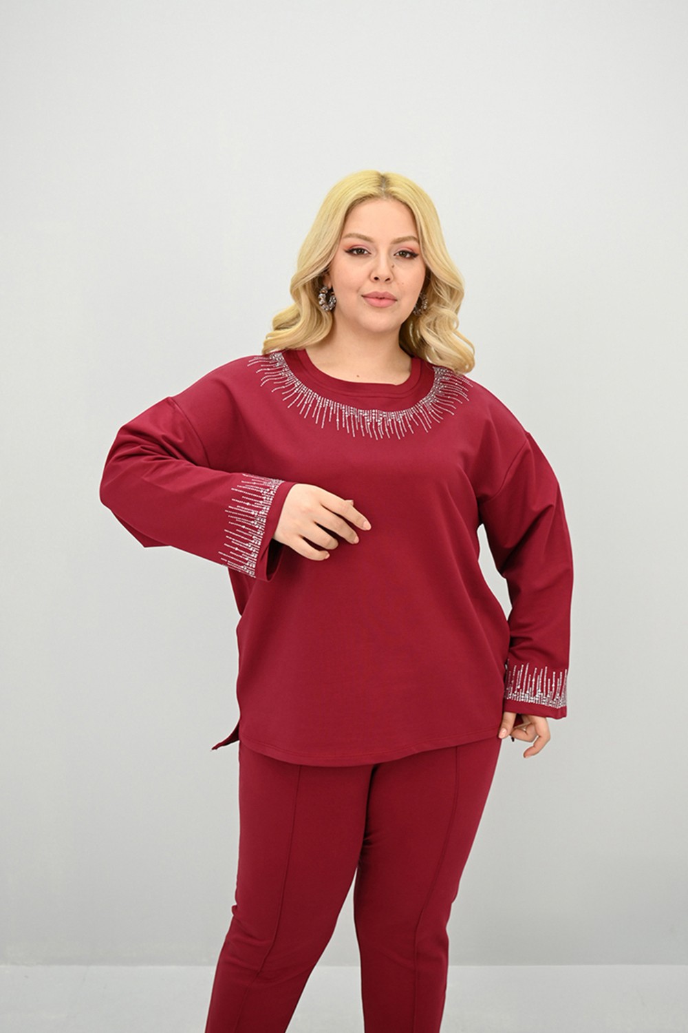 Koza Butik Kadın Büyük Beden Taş Baskı Detaylı Yüksek Bel Eşofman Takımı 8175-25 görsel 5