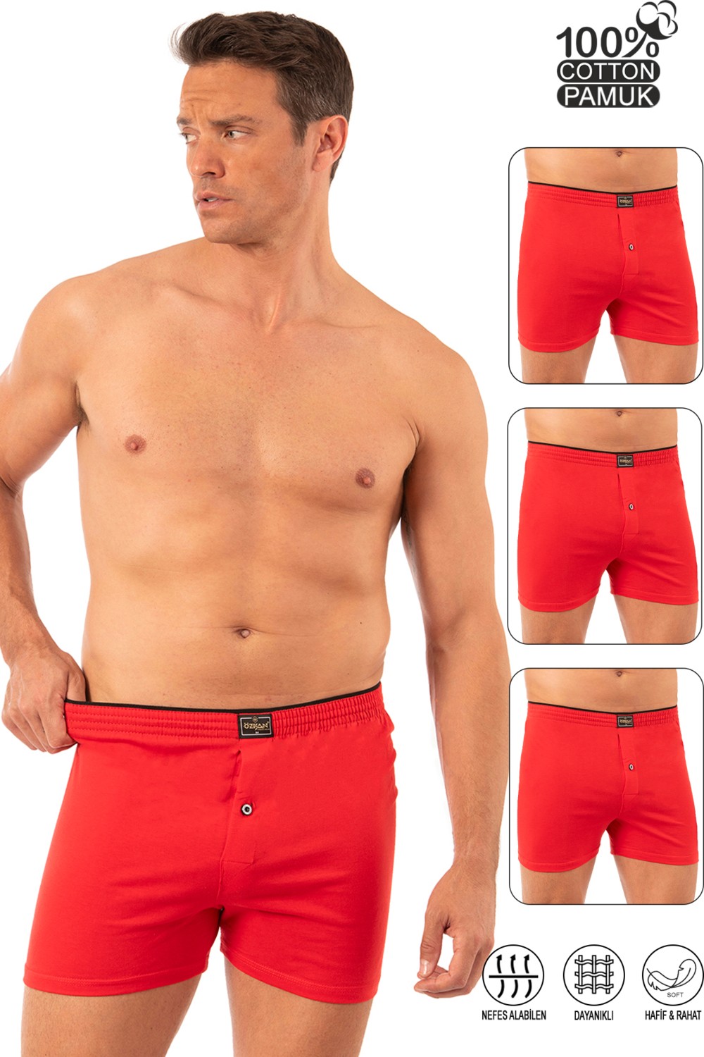 Özkan Underwear Özkan 0041 3'lü Paket Erkek Karışık Renk Şardonlu Pamuklu Düğmeli Penye Boxer