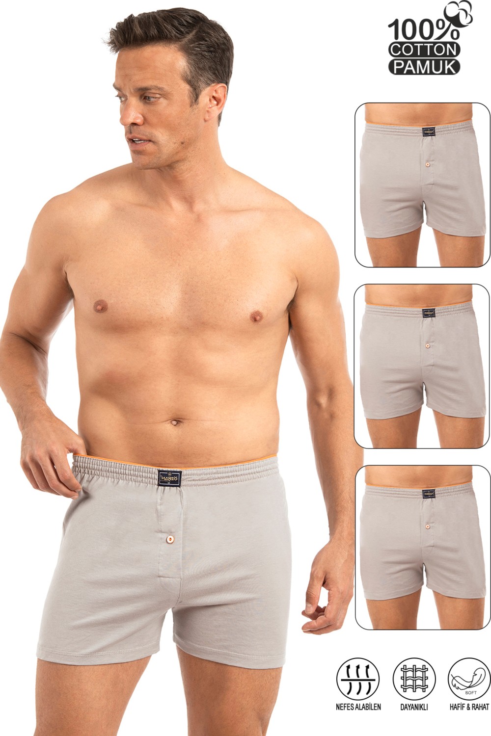 Özkan Underwear Özkan 0041 3'lü Paket Erkek Karışık Renk Şardonlu Pamuklu Düğmeli Penye Boxer görsel 6