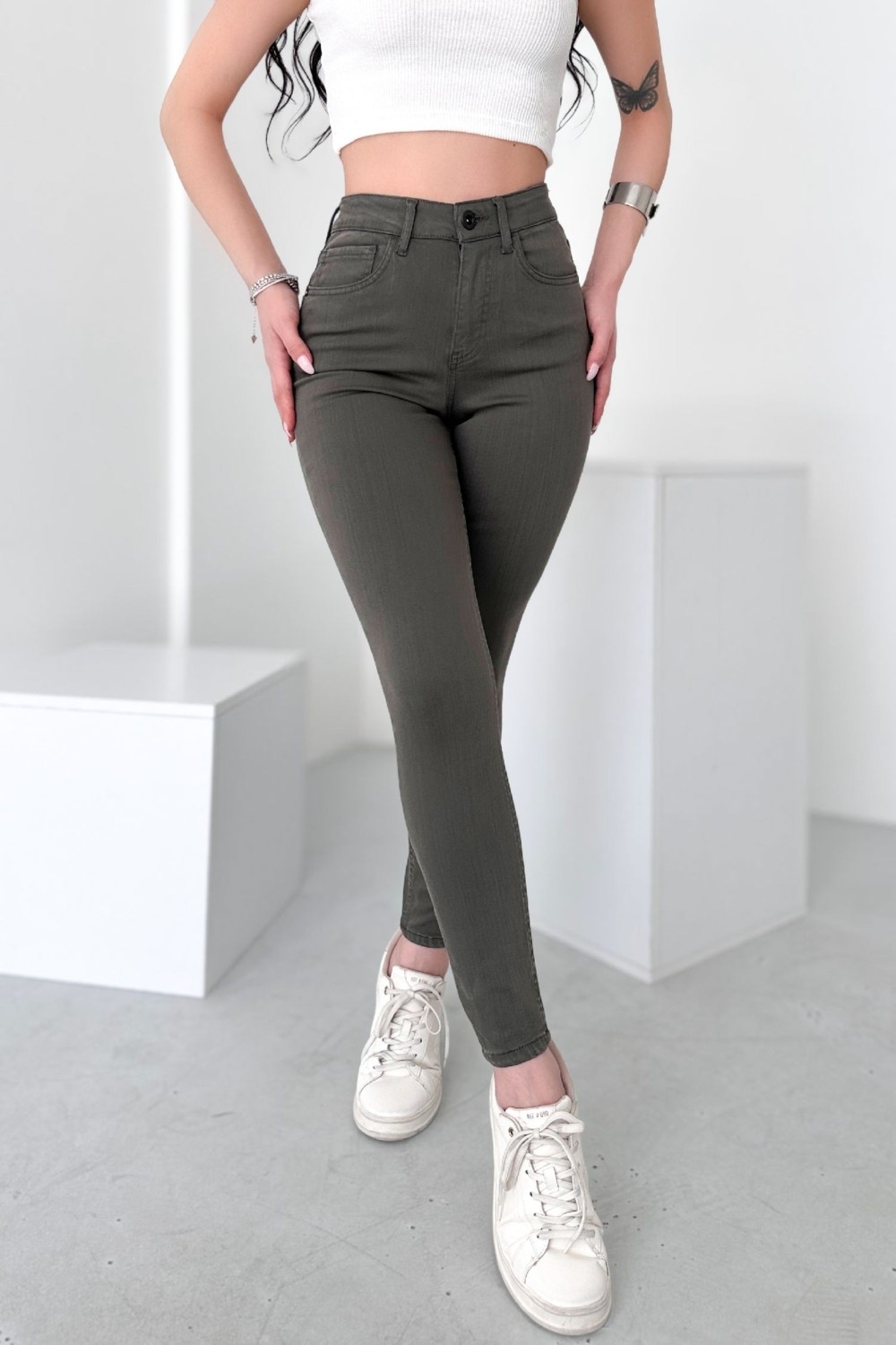 Hlt Jeans Kadın Açık Haki Süper Skinny Fit Esnek Likralı Yüksek Bel Jean Kot Pantolon JENNİE-2009