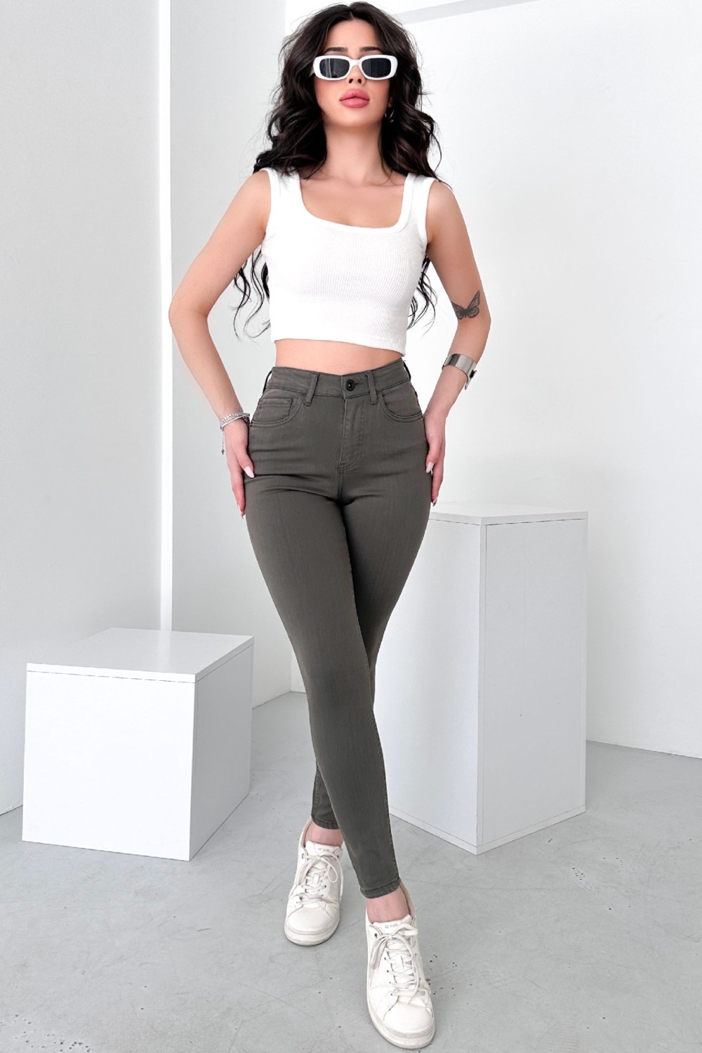 Hlt Jeans Kadın Açık Haki Süper Skinny Fit Esnek Likralı Yüksek Bel Jean Kot Pantolon JENNİE-2009 görsel 2