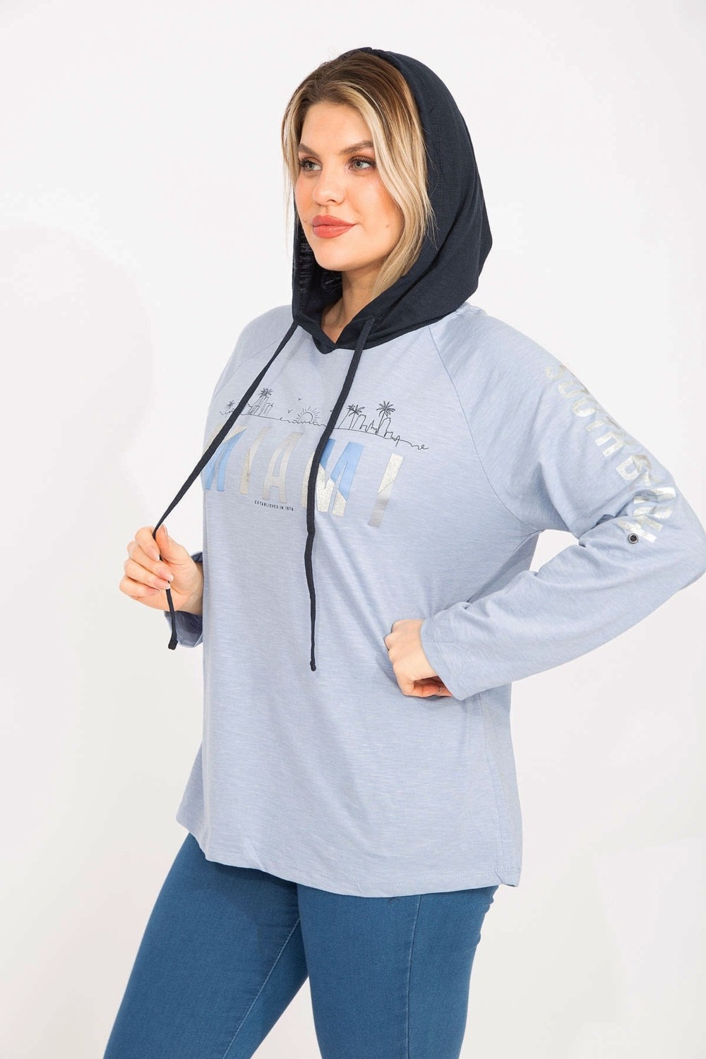 Şans Kadın Mavi Sim Baskılı Kapşonlu Tunik 65N35300