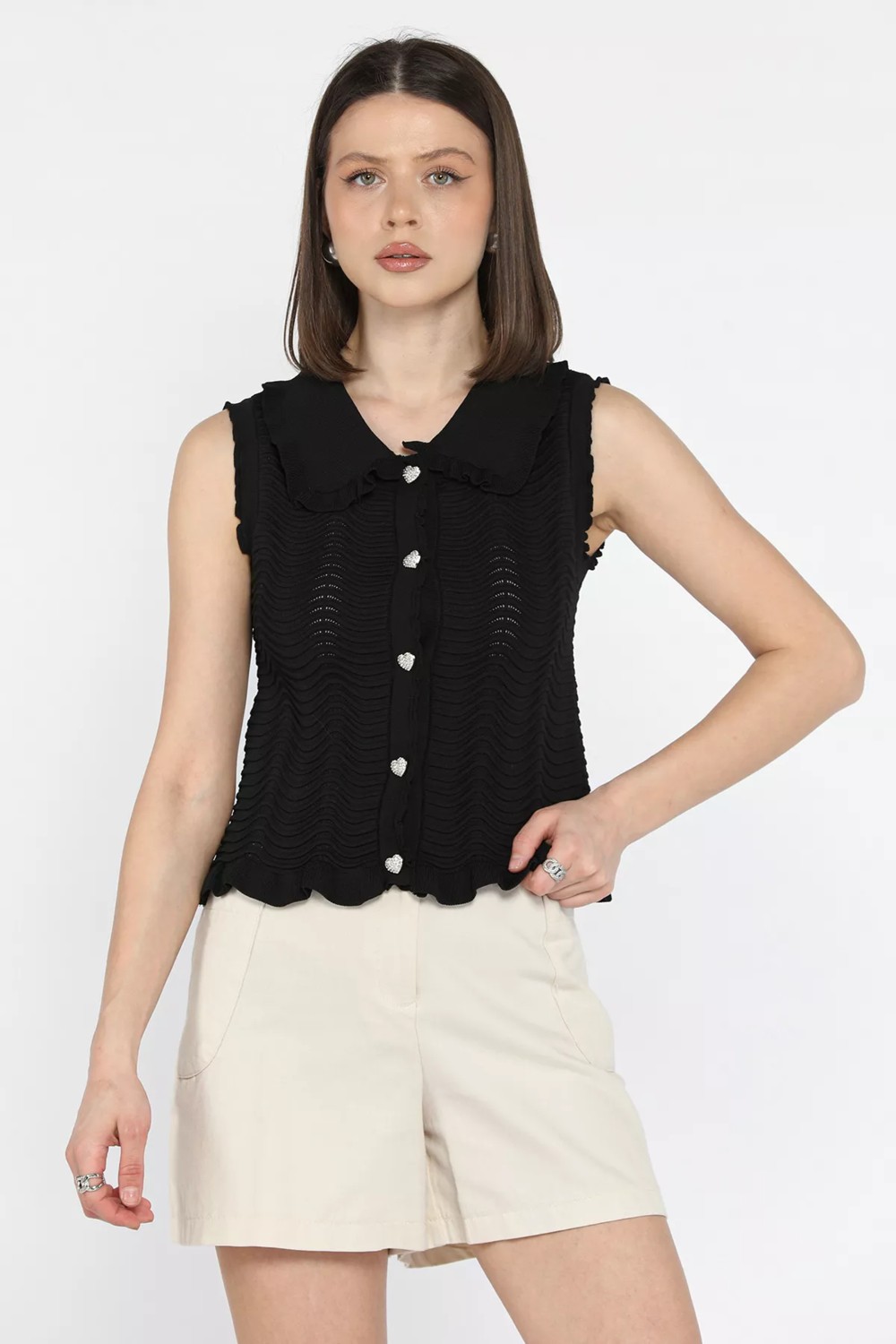 Gülseli Kadın Bebe Yaka Dalga Desenli Triko Yelek P-00016246