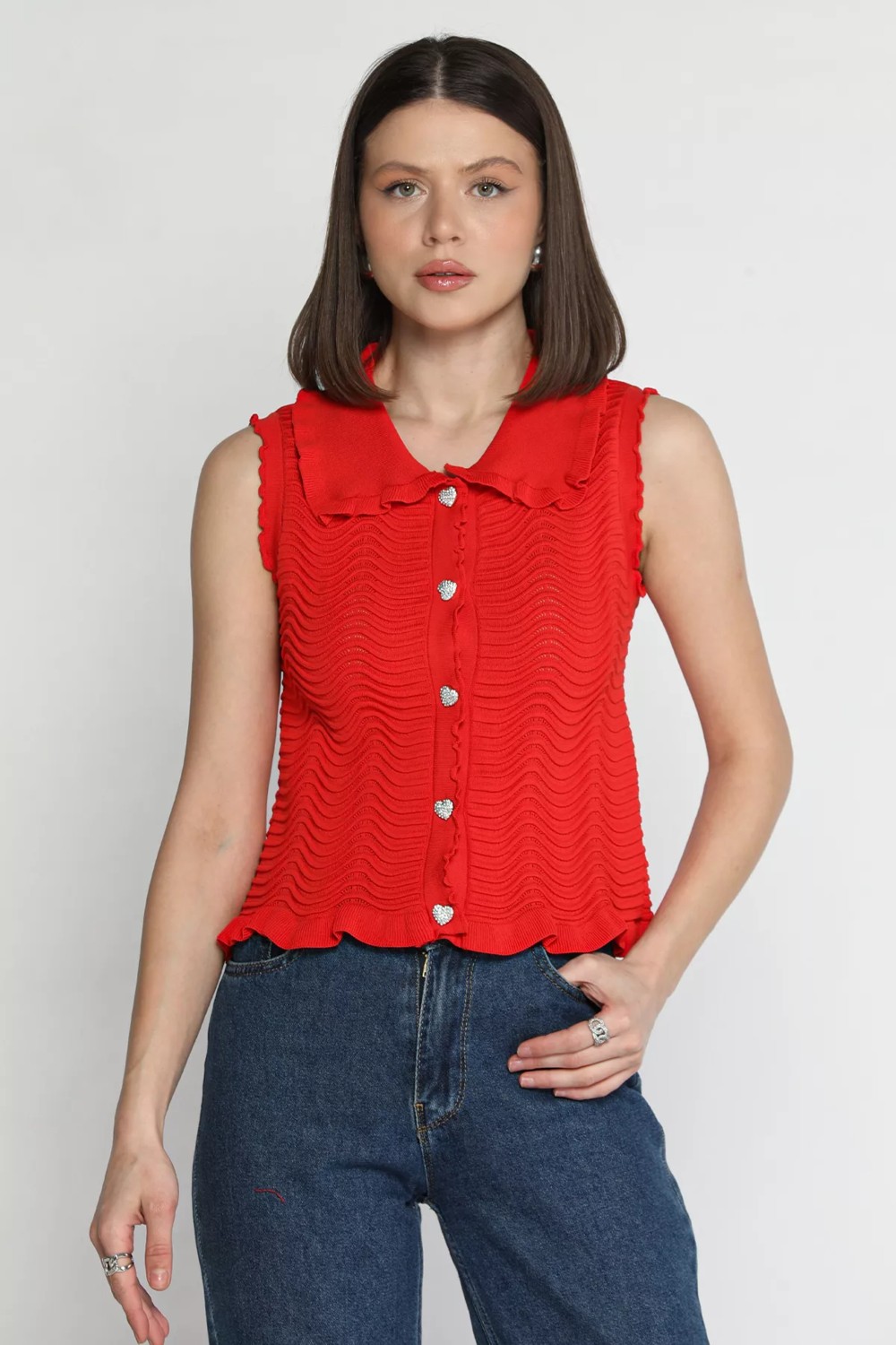 Gülseli Kadın Bebe Yaka Dalga Desenli Triko Yelek P-00016246 görsel 5