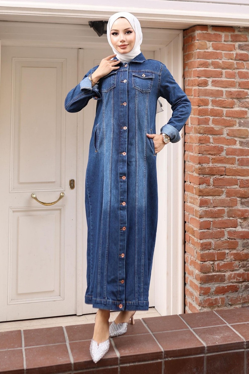 Moda Mihram Düğme Detaylı Kot Ferace Koyu Mavi 6122
