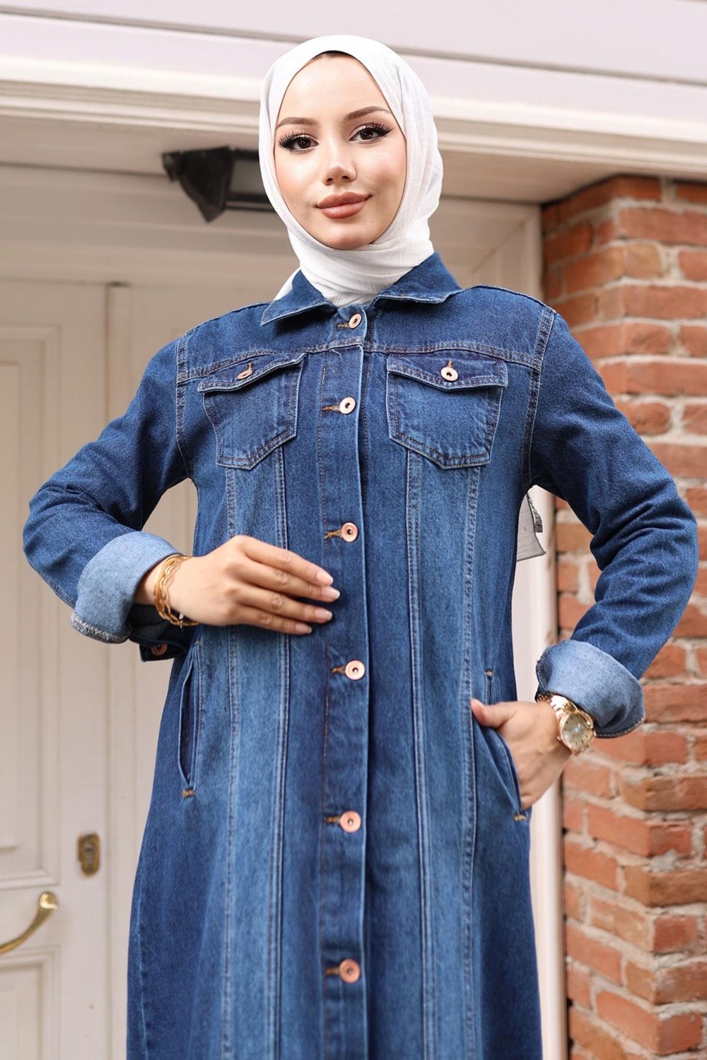 Moda Mihram Düğme Detaylı Kot Ferace Koyu Mavi 6122 görsel 2