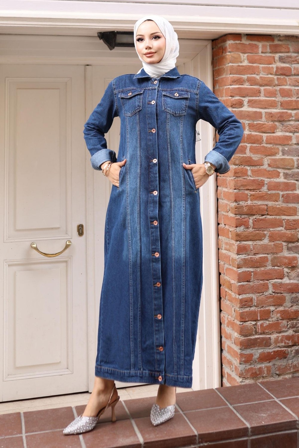 Moda Mihram Düğme Detaylı Kot Ferace Koyu Mavi 6122 görsel 3