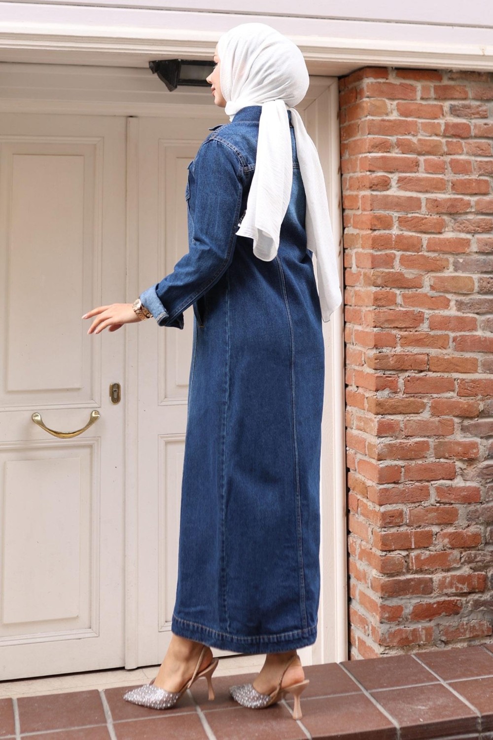 Moda Mihram Düğme Detaylı Kot Ferace Koyu Mavi 6122 görsel 4