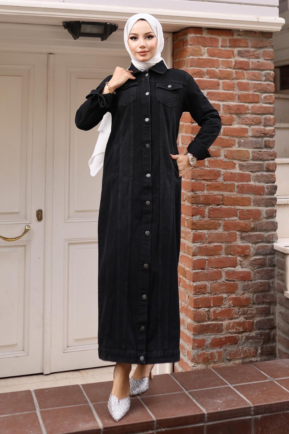 Moda Mihram Düğme Detaylı Kot Ferace Koyu Mavi 6122 görsel 6
