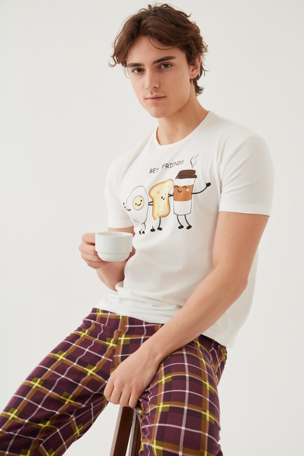 Koza İç Giyim Erkek Kısa Kollu Pamuklu Ekose Desenli Breakfast Baskılı Pijama Takımı