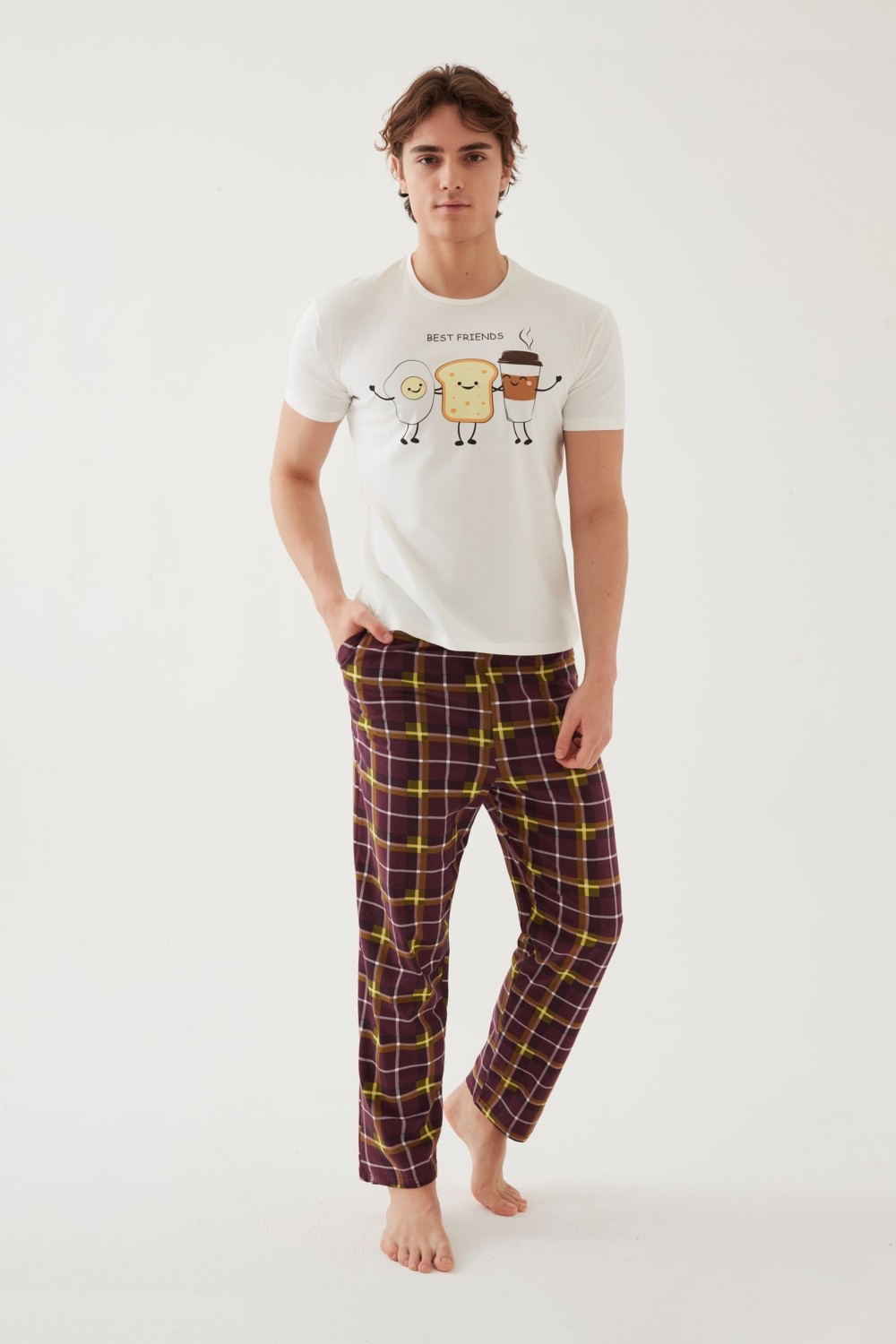 Koza İç Giyim Erkek Kısa Kollu Pamuklu Ekose Desenli Breakfast Baskılı Pijama Takımı görsel 2