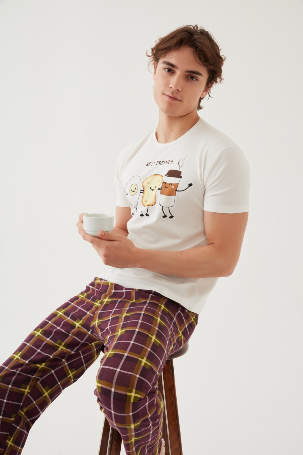 Koza İç Giyim Erkek Kısa Kollu Pamuklu Ekose Desenli Breakfast Baskılı Pijama Takımı görsel 3