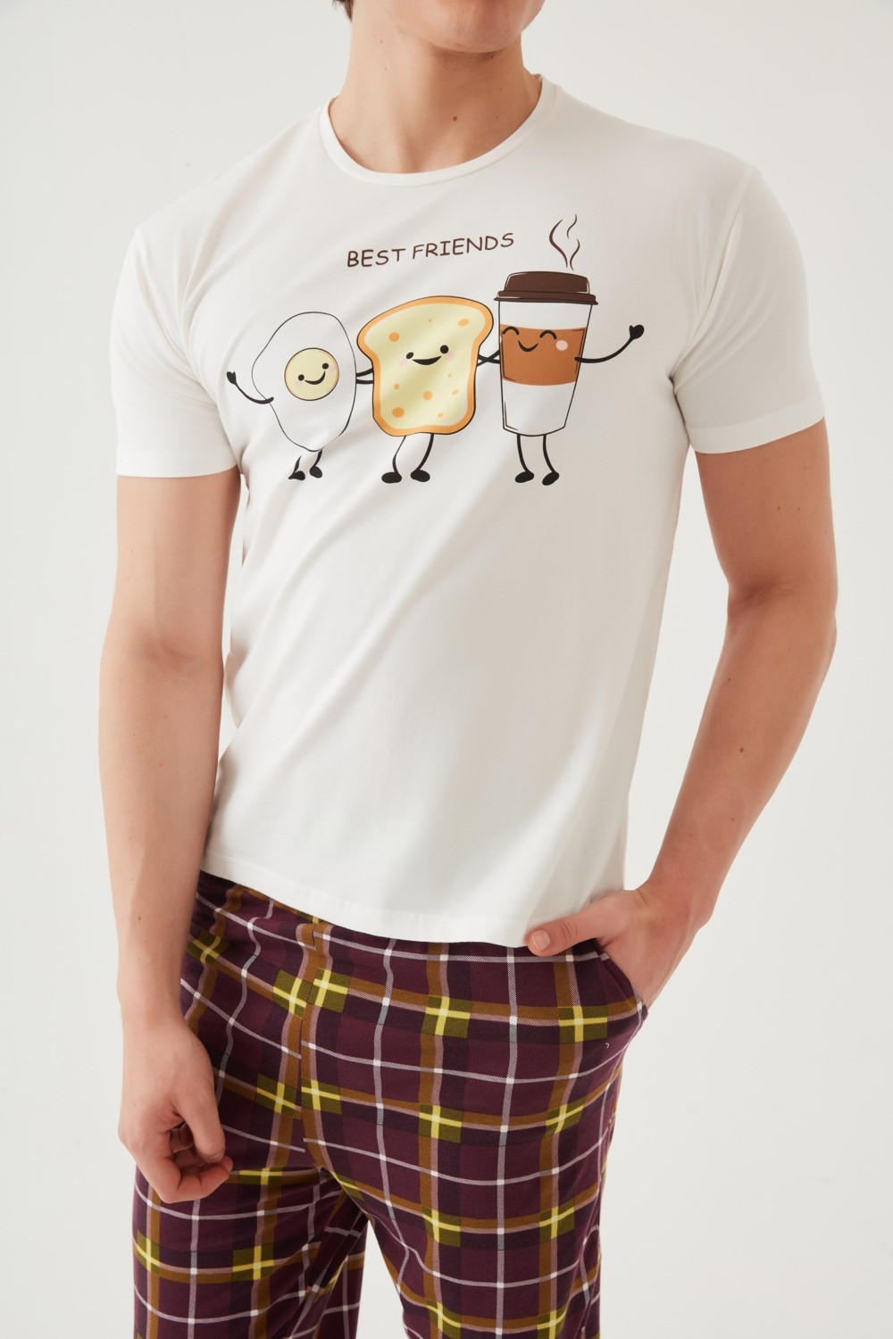 Koza İç Giyim Erkek Kısa Kollu Pamuklu Ekose Desenli Breakfast Baskılı Pijama Takımı görsel 5