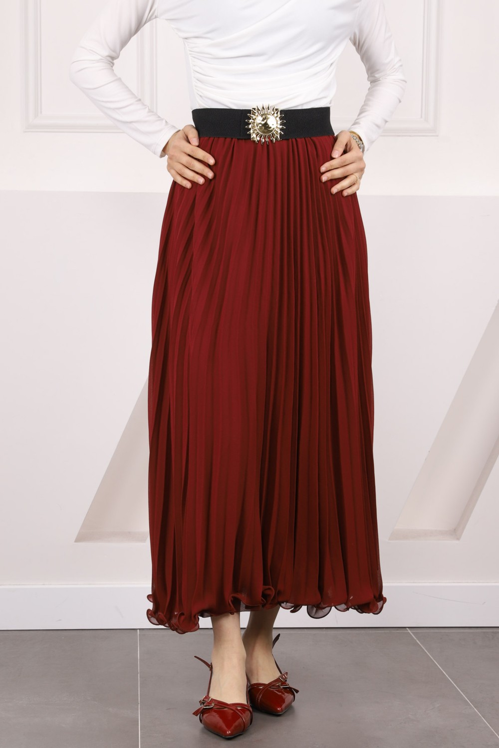 İmaj Butik Bordo Bel Lastikli Piliseli Şifon Etek görsel 6